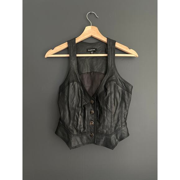 Bebe Tops - Bebe Genuine Leather Black Button Moto Vest Top Size XS